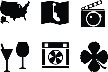 United States map cinema clapperboard cocktail glasses fan clover set of silhouettes