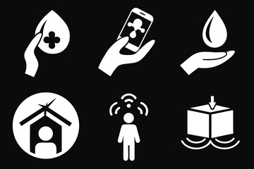 White medical and technology icons on black background set of silhouettes