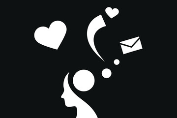 White silhouettes of a head with hearts and envelope love