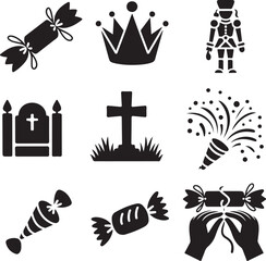 Fototapeta premium Icon, Set, Christmas, Halloween, Holiday, Crown, Grave, Candy, vector, silhouette