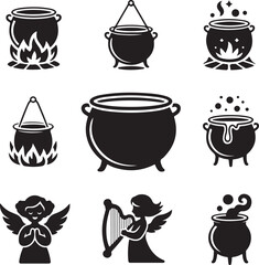 Icon, Set, Cauldron, Angel, Witch, Magic, Heaven, Halloween, vector, silhouette