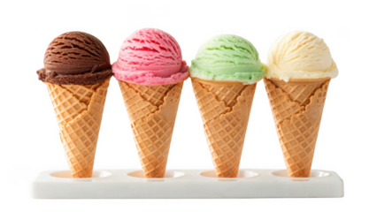 Four colorful ice cream cones in waffle cones arranged in a holder isolated on transparent background