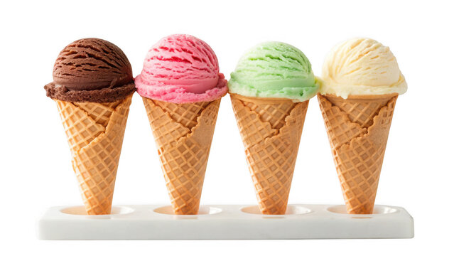 Four colorful ice cream cones in waffle cones arranged in a holder isolated on transparent background