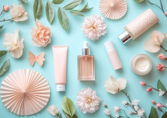 Pastel Blue Cosmetic Background with Flowers and Serum Bottle