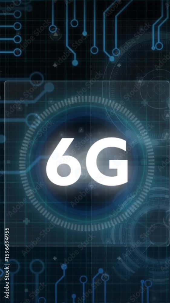 Poster animation of 6g text, scope scanning, data processing over computer circuit board