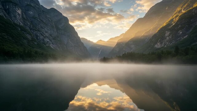 Obersee Lake Morning Fog Reflecting Sunlight Between Mountains and Forest in Calm Atmosphere and Clear Sky Landscape Scenic View