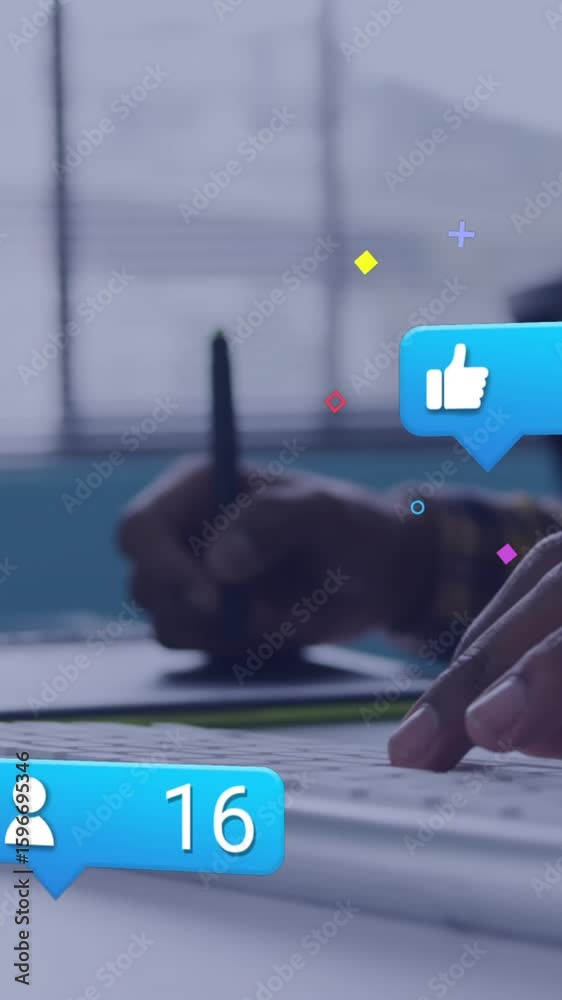 Poster animation of social media data processing over caucasian man using computer