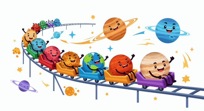 Planets on a roller coaster with happy faces