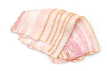 Close up of top view fresh new bacon uncook isolated white background.
