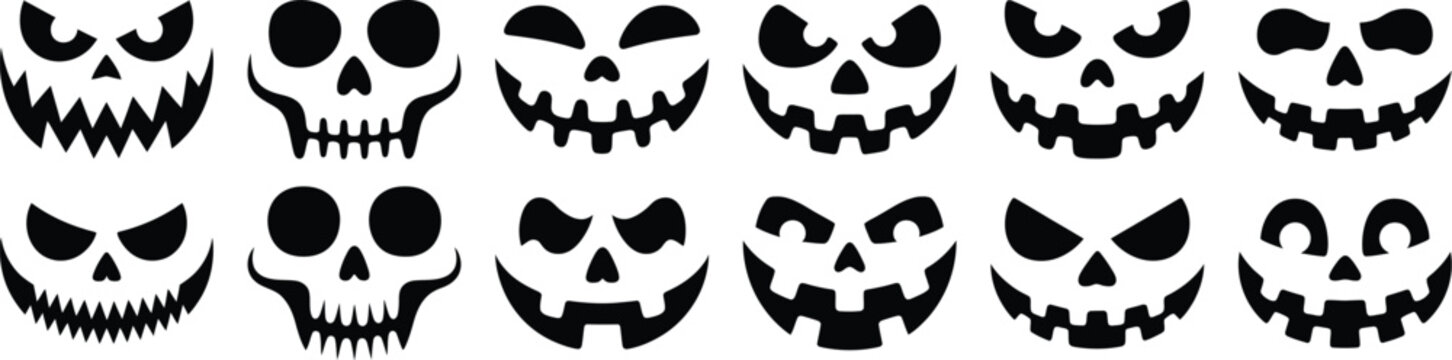 Set of spooky Halloween pumpkin faces. Collection of Jack-o'-lantern carving stencils with scary, evil, and funny expressions. Monster and skull silhouette vector icons.
