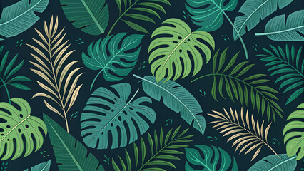 Seamless Tropical Leaf Pattern with Monstera and Palm Leaves