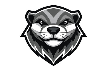 Isolated monochrome badger head gazes forward with a determined expression against a white backdrop