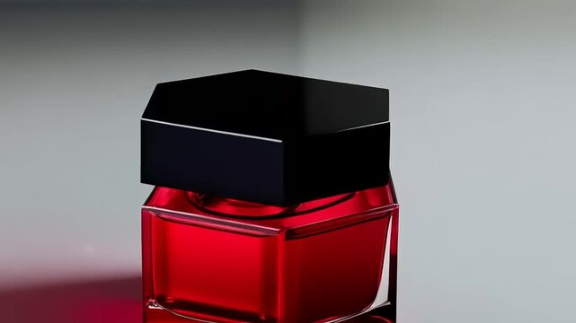 Elegant Red Liquid in Decagonal Glass Bottle with Contrasting Black Lid Close-Up