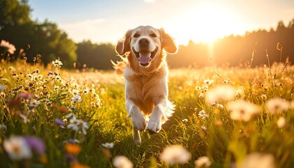 Happy golden retriever running in a field of wildflowers at sunrise