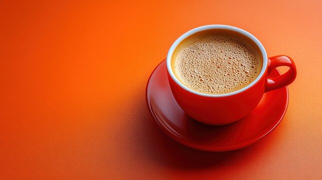 A vibrant red coffee cup sits on a matching saucer. - Powered by Adobe