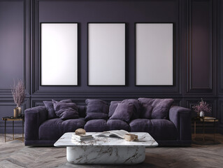 Photo of elegant living room interior with a plush sofa and blank picture frames