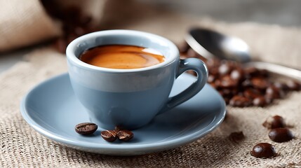 Cup of espresso on saucer with spilled beans on table