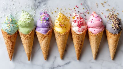 Colorful Ice Cream Cones with Sprinkles on Marble Background