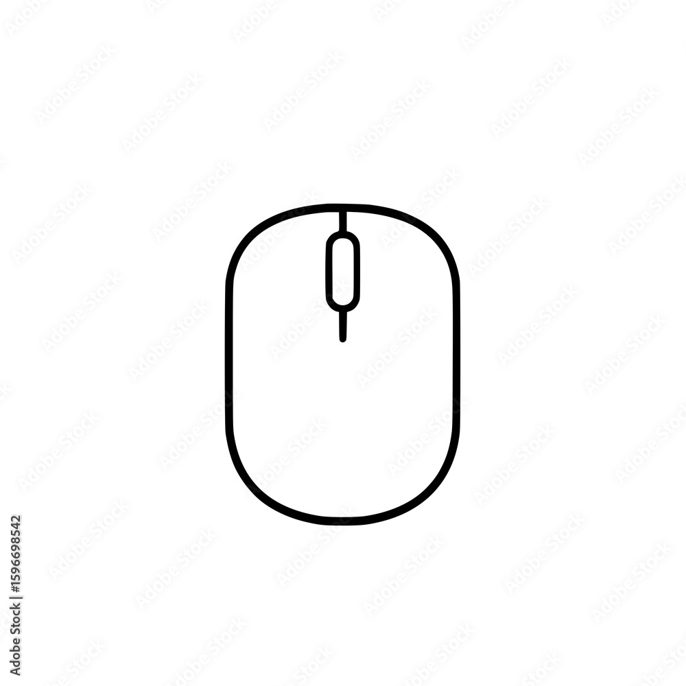 Fototapete Computer Mouse Icon: A simple line art illustration depicts a classic computer mouse, showcasing its minimalist design and functionality in black and white.