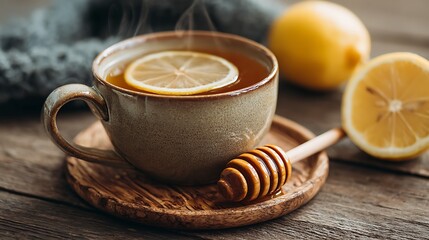 Cup of lemon ginger tea beside honey stick and coaster