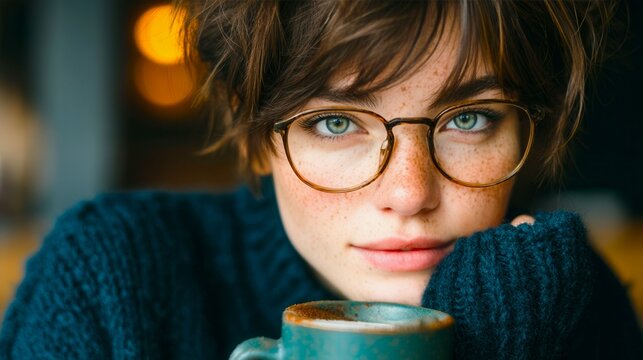 A woman with glasses and a cup of coffee in front of her. She has a green mug with a brown handle - Powered by Adobe