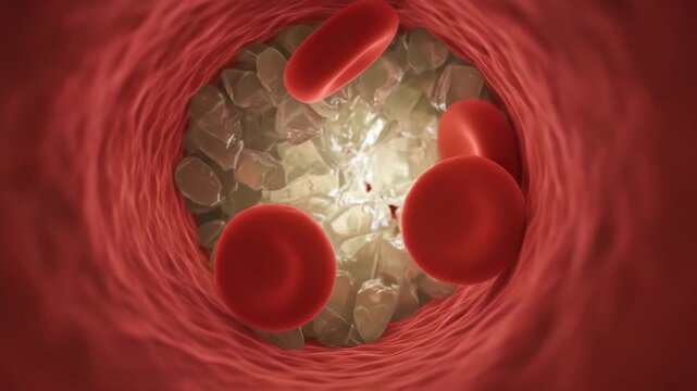 Blood Vessel Obstruction by Crystals - Microscopic view inside a blood vessel showing red blood cells obstructed by a cluster of translucent crystals.