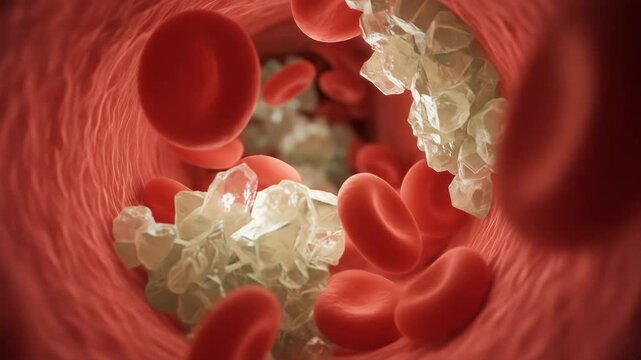 Sugar Crystals in Blood Vessel - Microscopic view of sugar crystals obstructing a blood vessel. Red blood cells are visible, surrounded by and impacted by the crystalline structures.