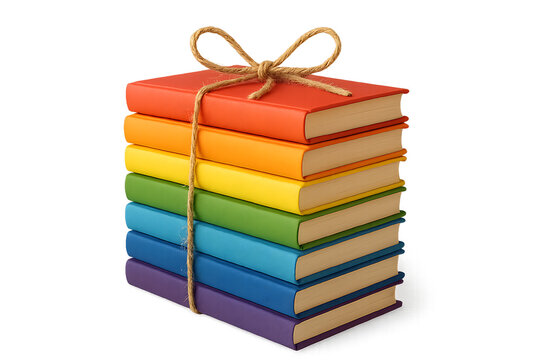 Stack of rainbow colored books tied with twine and a bow