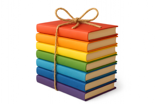Stack of rainbow colored books tied with twine and a bow