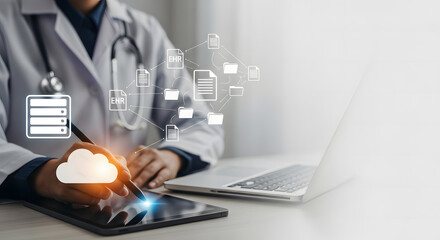 A medical professional interacts with modern healthcare technology, utilizing a tablet and laptop to access and manage digital data.
