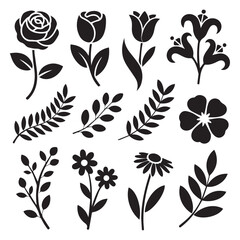 Vector art of a collection of black floral silhouettes isolated on white background