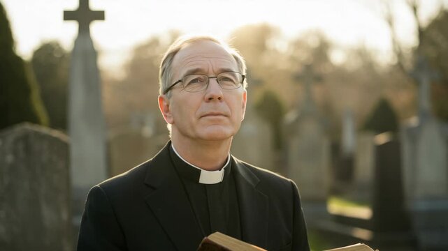 Portrait of clergyman outside on cemetery grounds with gravestones at sunset, expressing faith and devotion. Clergyman appears pensive, holding Bible in front of graves, showing solemn respect.