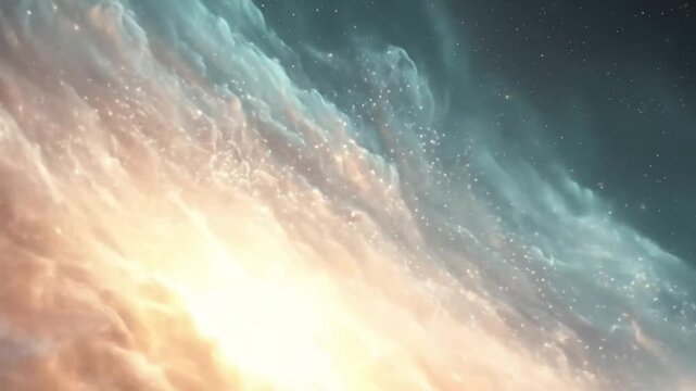A swirling nebula of orange, white, and teal colors fills the frame, interspersed with small, bright stars.