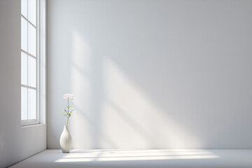 白い壁の部屋に差し込む光と一輪の花
