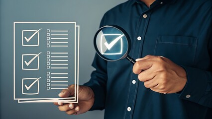 Man Inspecting Completed Checklist with Magnifying Glass, Ensuring Accuracy and Confirmation for Approval and Efficiency.