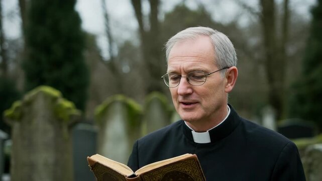 Priest reading book during solemn ceremony in cemetery with gravestones surrounding him. The priest reflects on memories and honors the departed while reading heartfelt words from the book.