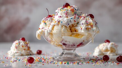 Colorful Ice Cream Sundae with Sprinkles and Cherries