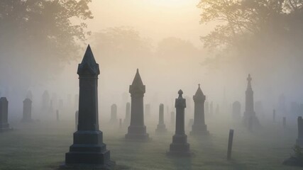 Serene cemetery landscape with misty atmosphere, tombstones in fog covering ground among trees. Cemetery evokes feelings of remembrance and tranquility in hauntingly beautiful early morning light. - Powered by Adobe