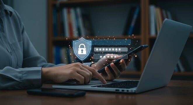 A woman is typing on a laptop and holding a phone with cybersecurity shield and padlock icons for data protection