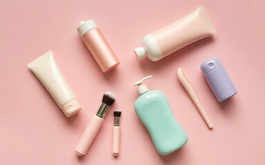 Fototapeta premium Cosmetics assortment on blue and white background with colorful beauty tools and tubes