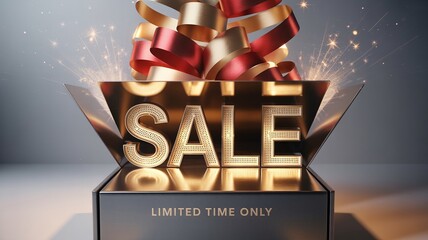 Boxing day, Christmas, Shopping Golden Sale Letters Bursting from a Gift Box with Ribbons and Sparkles