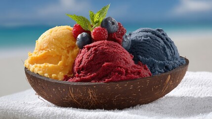 Colorful Ice Cream Trio in Coconut Bowl on Beach