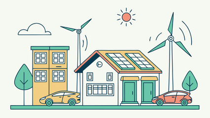 Illustration of a sustainable city with solar panels, wind turbines, cars, building and sun in the sky