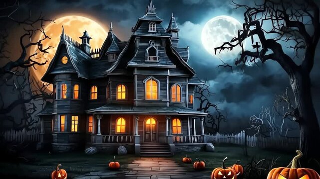 Terrible hunting house and Halloween Jack Lantern pumpkin in a scary forest with a dead tree. Frightening mood, bats, light in the windows, full moon, fog, twilight. Illustration. AI generated