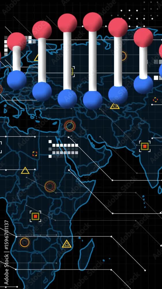Poster dna strand animation over world map with data points and connections