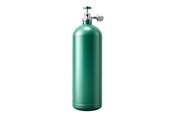 A green oxygen tank with a metal valve and regulator, isolated on a transparent background
