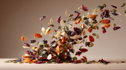 Colorful Mix of Nuts Seeds and Dried Fruit Exploding Against Beige Background