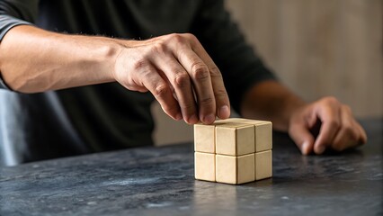 Man's hand arranging small wooden cubes on dark surface, creating structures and fostering creativity and problem-solving.