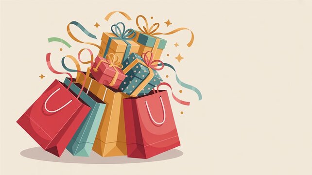 Boxing day, Christmas, Shopping Festive shopping bags overflowing with colorful gifts and ribbons on a cream background - Powered by Adobe