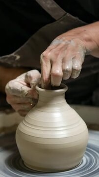 Pottery making with artisan hands on wheel, showing traditional craft and handmade process. 4K, vertical video, social media, 9:16, insta story